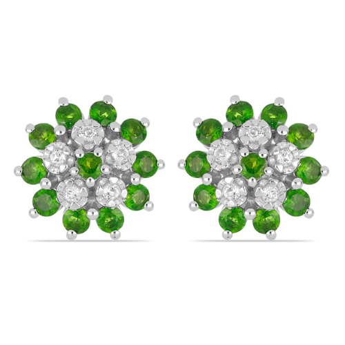 BUY 925 SIVLER NATURAL CHROME DIOPSIDE GEMSTONE FLOWER EARRINGS